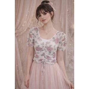 UO Out From Under Sheer Pink Rose Print Ruched Mesh Crop Top Medium Y2K Coquette